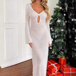 Women Sexy V Neck Hollow Out Crochet Maxi Dress Long Sleeve High Waist Keyhole Cutout Beach Vacation Bikini Cover Up Polyester Knit Dress