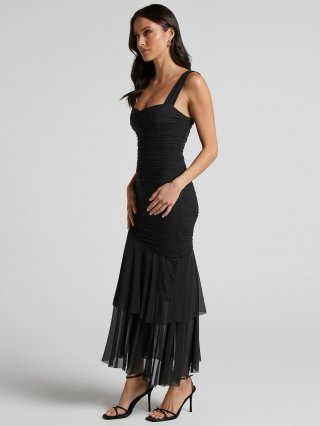 Women Sexy Slim Fit Fish-tail Midi Dress Mesh Ruched Splicing Square Neck Sleeveless Sling Dress Nylon Spandex Elegant Party Evening Gown Night Out Cocktail Wedding Guest Dress