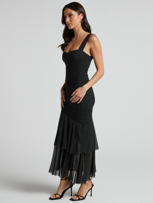 Women Sexy Slim Fit Fish-tail Midi Dress Mesh Ruched Splicing Square Neck Sleeveless Sling Dress Nylon Spandex Elegant Party Evening Gown Night Out Cocktail Wedding Guest Dress