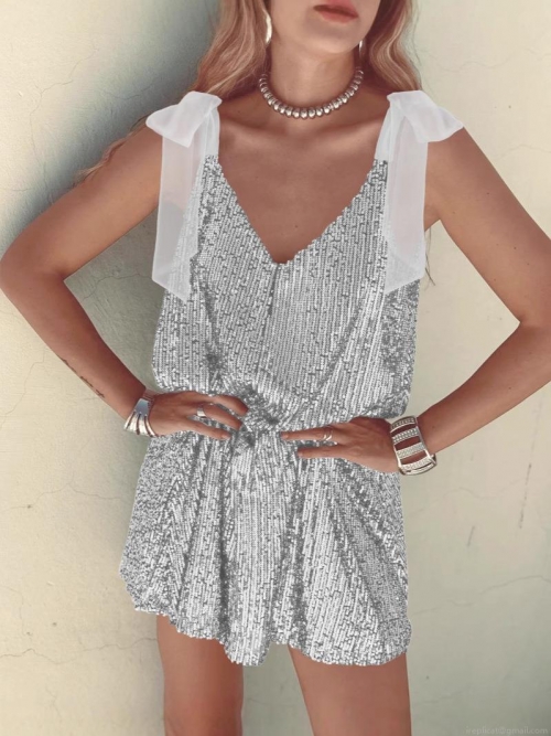 Elegant V-Neck Sequin Mini Dress With Chiffon Bow Shoulder Straps Sparkling A-Line Party Dress For Women Sexy Backless Banquet Summer Vacation Clubwear