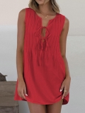 Summer Sleeveless Bow Hollow Mini Dress Cotton Linen Blend Pleated A-Line Dress For Women Elegant French Style Casual Dating Vacation