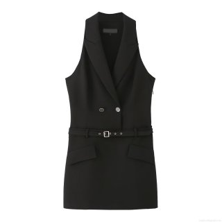 Women's Sleeveless Blazer Dress Elegant Double Breasted Vest Dress With Belt Office Lady Solid Color Midi Dress 100% Polyester Outfit