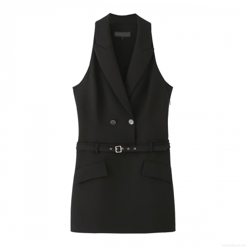 Women's Sleeveless Blazer Dress Elegant Double Breasted Vest Dress With Belt Office Lady Solid Color Midi Dress 100% Polyester Outfit