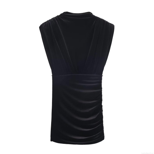 Elegant Black Velvet Mini Dress Padded Shoulder Ruched Bodycon Dress For Women Night Out Party Wear Sleeveless Slim Fit Short Dresses
