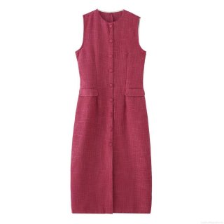 Elegant Rose Red Tweed Sleeveless Midi Dress For Women V-Neck Single Breasted Waist Slimming Fashion Tweed Dress For Office Party Daily Wear
