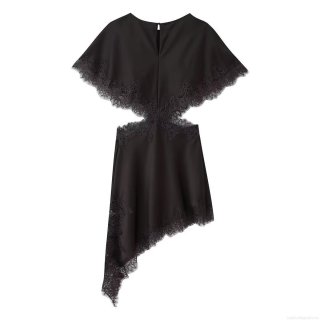 Women's Sexy Asymmetrical Lace Patchwork Dress Sleeveless Waist Cut-out Satin Finish Elegant Party Evening Clubwear Hollow Out Long Dress for Ladies