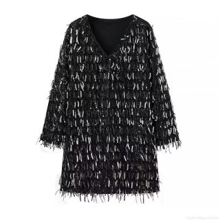 Elegant Sequin Fringe Mini Dress For Women V Neck Long Sleeve Polyester Spandex Slim Fit Bodycon Party Evening Cocktail Glamorous Black Dress