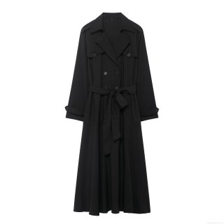Women Elegant Trench Style Midi Dress Double Breasted Suit Collar Long Sleeve A-Line Dress With Belt Office Lady Winter Solid Color Polyester Long Dress