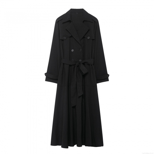 Women Elegant Trench Style Midi Dress Double Breasted Suit Collar Long Sleeve A-Line Dress With Belt Office Lady Winter Solid Color Polyester Long Dress