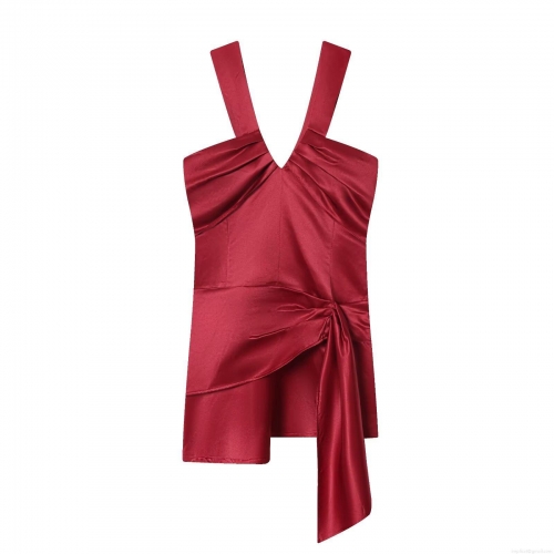 Women's Sexy V-Neck Halter Satin Mini Dress Ruched Waist Tie Solid Wine Red Sleeveless A-Line Backless Party Club Cocktail Dress