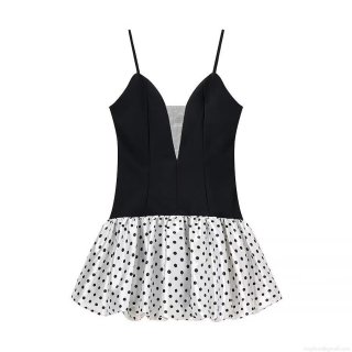 Women Sexy Polka Dot Spaghetti Strap Mini Dress Deep V Neck Mesh Patchwork Slim Fit A-Line Party Dress Polyester Black White Sleeveless Dress