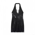 Sexy Black Halter V Neck Sequin Mini Dress With Lace Trim Backless Sleeveless Bodycon Party Clubwear Dresses For Women