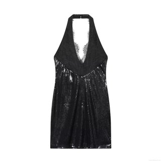 Sexy Black Halter V Neck Sequin Mini Dress With Lace Trim Backless Sleeveless Bodycon Party Clubwear Dresses For Women