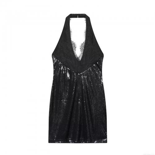 Sexy Black Halter V Neck Sequin Mini Dress With Lace Trim Backless Sleeveless Bodycon Party Clubwear Dresses For Women