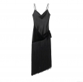 Sexy Black Satin Backless Midi Dress With Velvet Splicing And Fringe Detail Cowl Neck Spaghetti Strap Evening Party Bodycon Dress For Women