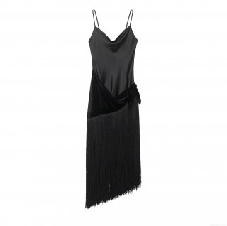 Sexy Black Satin Backless Midi Dress With Velvet Splicing And Fringe Detail Cowl Neck Spaghetti Strap Evening Party Bodycon Dress For Women