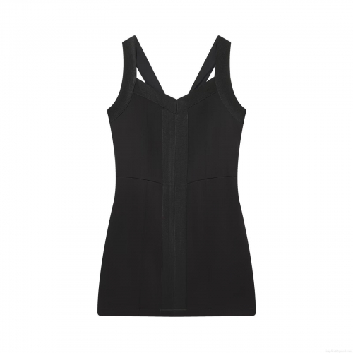 Sexy V-Neck Bodycon Mini Dress For Women Solid Black Sleeveless Bandage Party Club Dress With Back Cross Straps And Metal Zipper Elastic Polyester Slim Fit Evening Wear