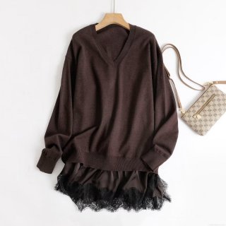 Women's V-Neck Long Sleeve Patchwork Lace Knit Dress Loose Fit Solid Color Short Sweater Dress Casual Chic Fashion Clothing For Women