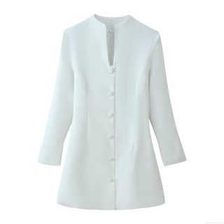 Women's Elegant White Standing Collar Button Decor Slim Fit Long Sleeve Mini Dress Solid Color Stretch Polyester Spandex A-Line Dress for Commuter Dating