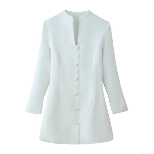 Women's Elegant White Standing Collar Button Decor Slim Fit Long Sleeve Mini Dress Solid Color Stretch Polyester Spandex A-Line Dress for Commuter Dating
