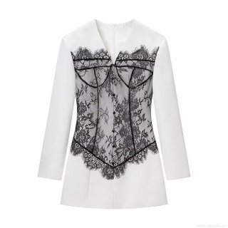 Elegant Women's White Blazer Dress Black Lace Patchwork Long Sleeve Deep V-Neck Slim Fit Mini Dress For Office Party Cocktail