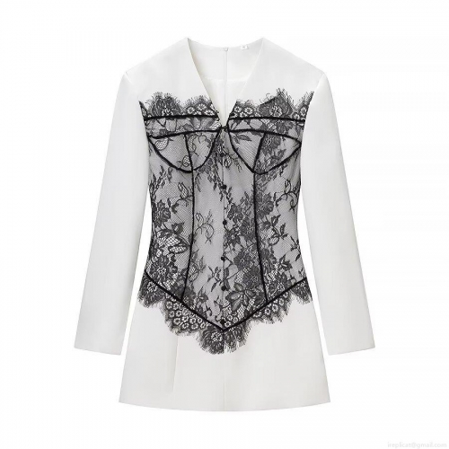 Elegant Women's White Blazer Dress Black Lace Patchwork Long Sleeve Deep V-Neck Slim Fit Mini Dress For Office Party Cocktail