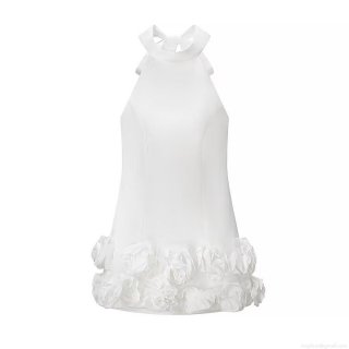 Satin Halter Mini Dress With 3D Flower Ruffle Hem And Large Back Bow Sexy Backless Bodycon Party Dress For Women White Summer Evening Dress