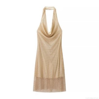 Sexy Backless Halter Maxi Dress For Women Champagne Gold Rhinestone Mesh Evening Party Gown Elegant A-Line Sleeveless Banquet Club Dress