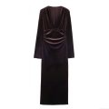 Elegant Velvet Maxi Dress Women Sexy V Neck Long Sleeve Pleated Waist Slim Fit Solid Color Coffee Party Evening Bodycon Midi Dress