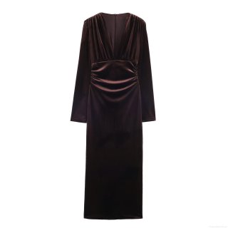 Elegant Velvet Maxi Dress Women Sexy V Neck Long Sleeve Pleated Waist Slim Fit Solid Color Coffee Party Evening Bodycon Midi Dress