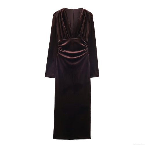 Elegant Velvet Maxi Dress Women Sexy V Neck Long Sleeve Pleated Waist Slim Fit Solid Color Coffee Party Evening Bodycon Midi Dress