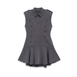 Women's Sleeveless Blazer Dress Double Breasted Lapel Mini Dress With Peplum Hem Elegant British Style Dark Grey Office Lady Bodycon Party Short Dress