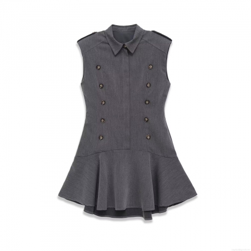 Women's Sleeveless Blazer Dress Double Breasted Lapel Mini Dress With Peplum Hem Elegant British Style Dark Grey Office Lady Bodycon Party Short Dress