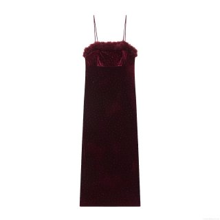 Elegant Women's Sequin Velvet Cami Maxi Dress With Faux Fur Trim Sexy Deep V Neck Bodycon Long Party Evening Gown For Wedding Winter Night