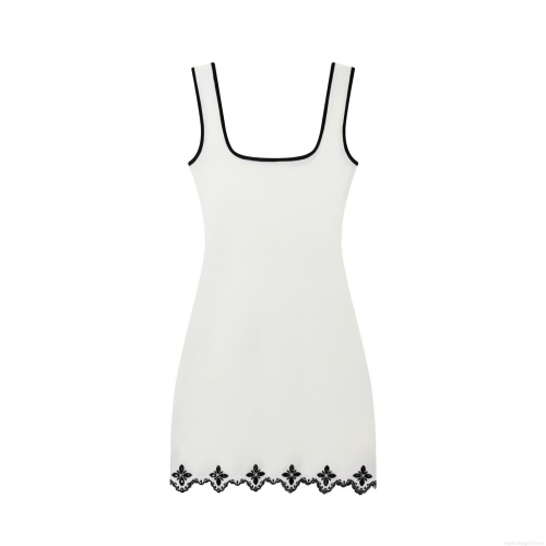 Women's Mini Dress Contrast Color Binding Sleeveless A-Line Vest Dress With Floral Embroidery Pearl Decor Elegant Sweet Style Summer Party Dress