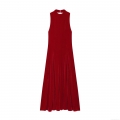 Women's Sexy Backless Velvet Midi Dress Sleeveless Elegant Round Neck A-Line Solid Red Evening Party Dress Slim Fit Formal Vestido