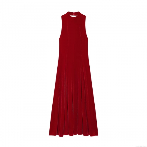 Women's Sexy Backless Velvet Midi Dress Sleeveless Elegant Round Neck A-Line Solid Red Evening Party Dress Slim Fit Formal Vestido