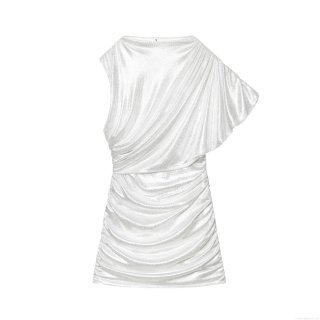 Women's Sexy Silver Metallic Ruched Mini Dress Elegant One Shoulder Sleeveless Bodycon Party Evening Dress For Women Glitter Asymmetric Slim Fit Clubwear
