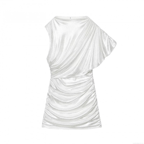 Women's Sexy Silver Metallic Ruched Mini Dress Elegant One Shoulder Sleeveless Bodycon Party Evening Dress For Women Glitter Asymmetric Slim Fit Clubwear
