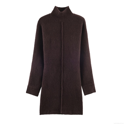 Women's Fashion High Neck Long Sleeve Knit Mini Dress Casual Solid Color Ribbed Soft Polyester Blend Sweater Dress For Spring Autumn Daily