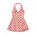 Sexy Gingham Halter Mini Dress For Women Retro Red White Plaid Backless A-Line Short Dress Slim Fit Lace Up Summer Casual Party Outfits