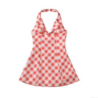 Sexy Gingham Halter Mini Dress For Women Retro Red White Plaid Backless A-Line Short Dress Slim Fit Lace Up Summer Casual Party Outfits