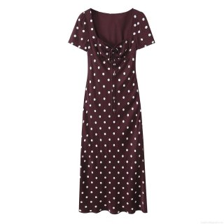 Women's French Retro Polka Dot Midi Dress Elegant Square Neck Tie Front Short Sleeve Slim Fit Burgundy Polyester Spandex A-Line Dress For Daily Wear