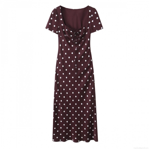 Women's French Retro Polka Dot Midi Dress Elegant Square Neck Tie Front Short Sleeve Slim Fit Burgundy Polyester Spandex A-Line Dress For Daily Wear