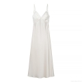 Sexy Backless Lace Stitching Satin Polyester Slip Dress Women V-Neck Sleeveless Mid-Length Cream White Nightgown Elegant Evening Party Wear