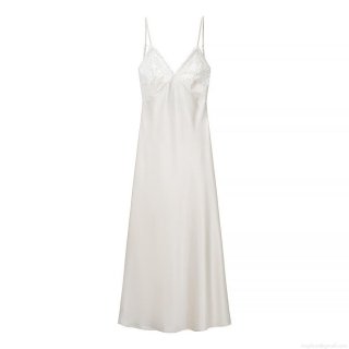 Sexy Backless Lace Stitching Satin Polyester Slip Dress Women V-Neck Sleeveless Mid-Length Cream White Nightgown Elegant Evening Party Wear