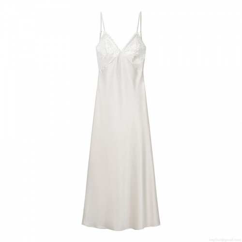Sexy Backless Lace Stitching Satin Polyester Slip Dress Women V-Neck Sleeveless Mid-Length Cream White Nightgown Elegant Evening Party Wear