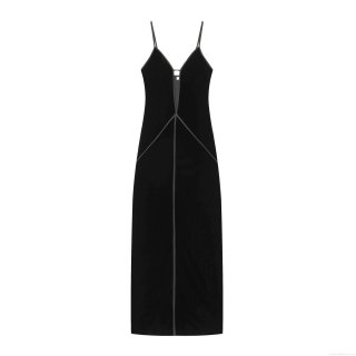 Women's Sexy Black Velvet V-Neck Midi Dress Sleeveless Bodycon Party Dress Elegant High Waist Evening Gown Solid Patchwork Clubwear