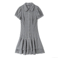 Women Sweet Plaid Mini Dress Short Sleeve Lapel Collar Ruffle Hem Layered Checkered Dress For Daily Casual Vacation Party Ladies Summer Dress