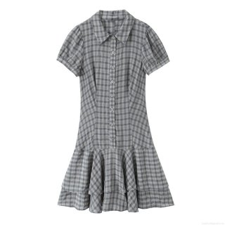 Women Sweet Plaid Mini Dress Short Sleeve Lapel Collar Ruffle Hem Layered Checkered Dress For Daily Casual Vacation Party Ladies Summer Dress